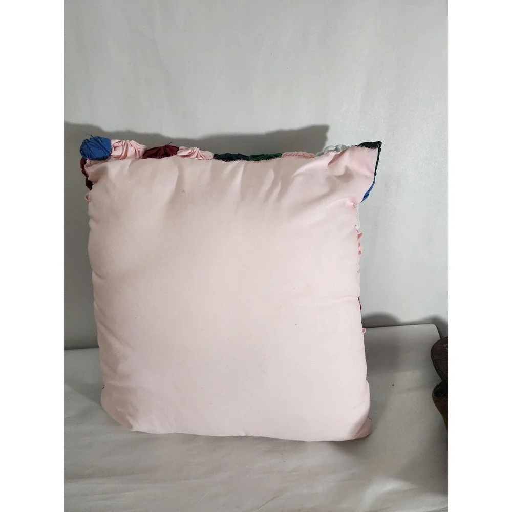 Vintage Handmade Yo-Yo Quilt Pillow Cover Patchwork Multi Color Cottagecore Pink